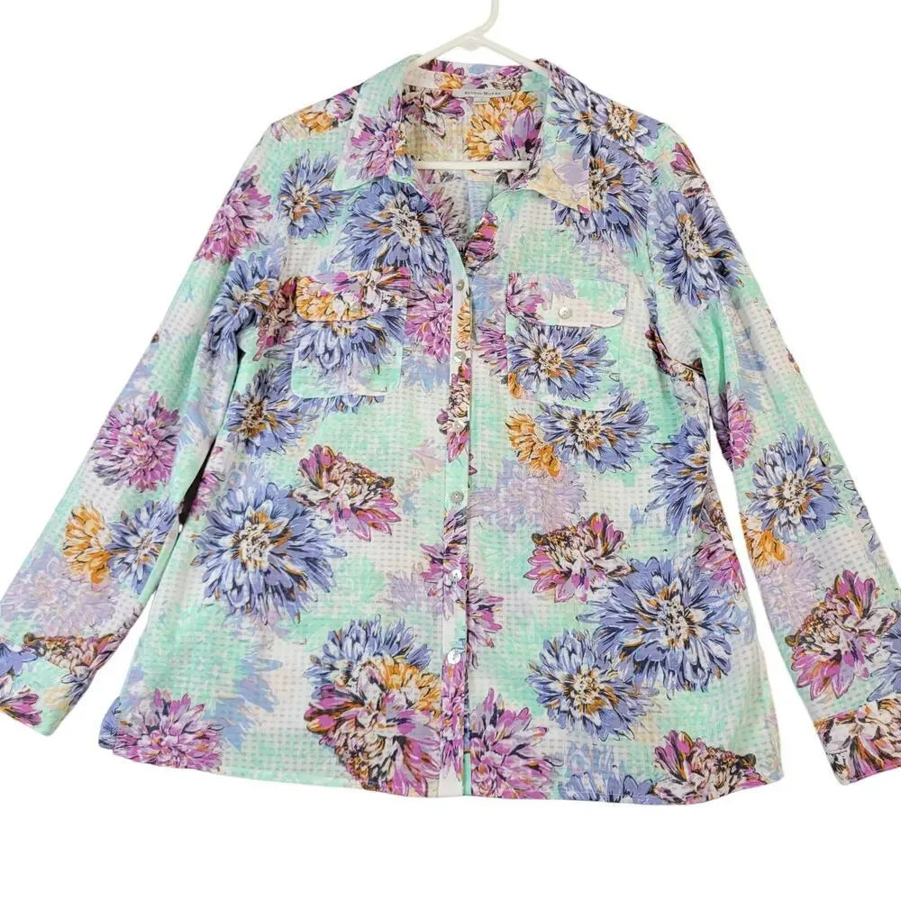 Vintage Y2K Floral Top Women's‎ Large Button Blouse Fairy Cottagecore Semi Sheer